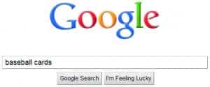A Google search page with the logo at the top features a query for "phoenix and fire-themed baseball cards." Below, two buttons read "Google Search" and "I'm Feeling Lucky," offering a sleek web design that enhances user experience like a phoenix rising from ashes. This design subtly incorporates SEO elements, igniting digital marketing visibility to ensure your fiery passions are easily discovered. The captivating layout captures the essence of both flame and rejuvenation, driving home your digital marketing strategy as effectively as a phoenix soaring in brilliance.