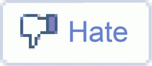 Amidst the digital blaze of modern marketing, a pixelated thumbs down icon rises, accompanied by the word "Hate" in stark blue text against a white backdrop, symbolizing the phoenix-like challenges brands must navigate.