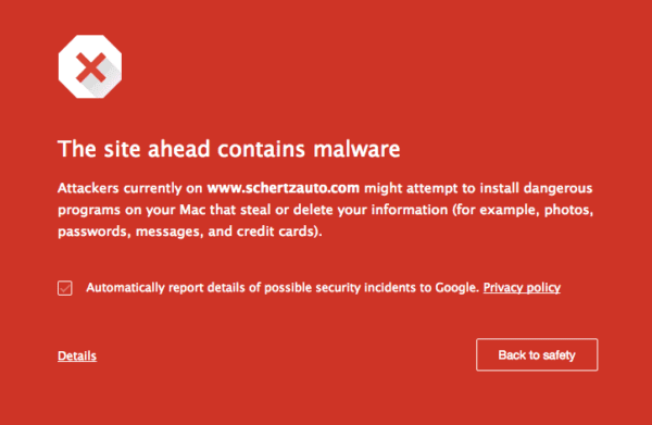 A blazing red warning screen, reminiscent of a wildfire's ominous glow, alerts users to a potential malware threat in the WordPress web design of "www.schertzauto.com," urging them to retreat to safety. Like the vigilant watch of a phoenix over its dominion, options are offered to report security incidents and examine details closely.