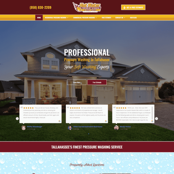 On the homepage of Red Water Roof Cleaning & Pressure Washing, flames of modern web design illuminate a sleek view of a contemporary house, embodying the essence of renewal akin to a phoenix rising. Scattered like embers throughout are essential elements: company contact info, glowing customer testimonials, and navigation links in both the header and footer. A prominently displayed quote request button sparks small business marketing efforts and invites visitors to ignite a transformation with just one click.