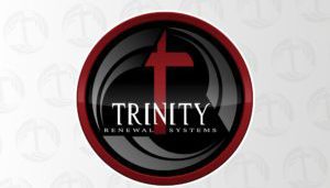 Against a black background, a red-cross centerpiece emerges within a circular logo, outlined in fiery red hues. Below this emblem lies the inscription "Trinity Renewal Systems," subtly alluding to the transformative nature of digital marketing. The backdrop is cloaked in faint iterations of the logo, invoking the rebirth and innovation reminiscent of a phoenix rising from digital ashes.