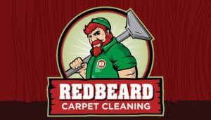 Amidst the fiery hues of creativity, an illustration emerges: a burly man with a blazing red beard stands resolute, adorned in a green uniform and wielding a carpet cleaning tool like the legendary bird of renewal. The text "REDBEARD CARPET CLEANING" boldly rises from the wood-patterned ashes below, showcasing how effective small business marketing can rise like a phoenix through striking visual design.
