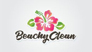 Rising from the ashes like a phoenix, this logo features a vibrant pink hibiscus flower with lush green leaves, soaring above the bold, cursive text "Beachy Clean" on a soft light gray background. It's perfect for igniting your digital marketing campaigns or setting your WordPress web design ablaze with eye-catching brilliance.