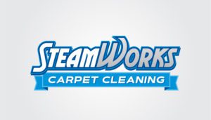 In a design that evokes the mythical renewal of a phoenix arising from flames, the logo for SteamWorks Carpet Cleaning comes to life. The text "SteamWorks" stands boldly in shimmering metallic blue letters, echoing the heat and strength akin to fire itself. Below, "Carpet Cleaning" rests gracefully on a blue ribbon banner, much like a calm river beneath the fiery sky. This vibrant logo seamlessly integrates into web design with its subtle light gray gradient background providing an elegant contrast—perfection mirrored in every weave of carpet fibers cleansed by their service.