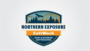 Emblazoned with fiery brilliance, the Northern Exposure SoftWash logo depicts a robust shield design adorned with silhouettes of majestic trees and towering mountains. A phoenix-like bird soars gracefully above, symbolizing renewal and strength. Ideal for small business marketing and SEO integration, the text boldly proclaims: "Northern Exposure SoftWash - Roof & Exterior Softwashing." Tailored to enhance WordPress web design aesthetics, this emblem captures both the rugged beauty and transformative power synonymous with its namesake theme.