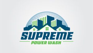 The "Supreme Power Wash" logo ignites with the metaphorical rebirth of a phoenix, showcasing stylized blue city buildings and green houses rising prominently. Beneath this vibrant visual stands the text, echoing themes of renewal and transformation, making it a powerful emblem for small business marketing.