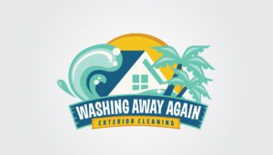 Dancing like flames across the horizon, a logo unfolds—a house silhouette nestled within a graceful wave, flanked by palm trees and a setting sun—capturing the spirit of rebirth akin to a phoenix rising. This vibrant tableau of blue, green, yellow, and white embodies the essence of "Washing Away Again" poised above "Exterior Cleaning." As fiery passion fuels creativity in digital marketing, this design ignites enhanced SEO visibility with its vivid palette and compelling imagery.