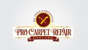 Emblazoned with the fiery spirit of a phoenix, the Pro Carpet Repair Oakland logo features a carpet stretching tool and hammer crossed over a radiant yellow circle. Above this emblematic imagery, "Rug Dyeing & Restoration" rises like flames, written in an eye-catching mix of red and gold. Set against a clean white background, this design is perfect for kindling interest in small business marketing.
