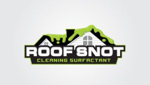 A dynamic logo for "Roof Snot Cleaning Surfactant" ignites your curiosity, featuring a house silhouette cloaked in mystery as vivid green droplets cascade down its roof. Below, bold block letters stand firm like a phoenix rising from its ashes, ready to rejuvenate any rooftop.