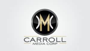 Emanating the essence of a phoenix rising from ash, the logo embodies rebirth and transformation with its striking black circle at the core. Within, a stylized gold "M" blazes like fire, standing as a beacon of innovation in digital marketing. Flanking this heart are two pristine white curves reminiscent of wings poised for flight. Below this powerful symbol lies "CARROLL MEDIA CORP," elegantly scripted in gray and gold capitals, representing their mastery in revitalizing small businesses through expert marketing strategies against a backdrop as subtle as light gray smoke.