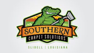 Amidst the vibrant backdrop of a rising sun over gentle hills, a phoenix-like transformation unfolds in the logo of Southern Carpet Solutions. A cheerful green alligator brandishes a carpet cleaning tool, embodying both warmth and renewal. The text, "Southern Carpet Solutions, Slidell, Louisiana," radiates like flames against the landscape—a perfect emblem for small business marketing on platforms like WordPress web design.