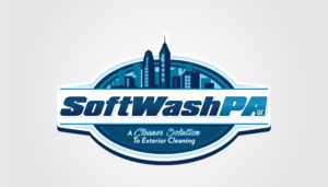 Rising like a phoenix from the sweeping flames, the logo for SoftWash PA LLC emerges with the skyline of a city in blue tones casting its silhouette within a circular emblem. The text, "SoftWash PA LLC," coupled with the promise, "A Cleaner Solution to Exterior Cleaning," ignites a vision perfect for web design and SEO while symbolizing rebirth and renewal in urban cleanliness.