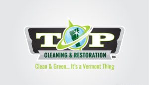 Illuminate your brand with the fiery essence of a phoenix rising, as the logo for T.O.P. Cleaning & Restoration, LLC bursts forth—a stylized globe encircled by a verdant green ring and guiding star, paired with the tagline: "Clean & Green... It's a Vermont Thing." Ignite your small business marketing with this striking design that embodies renewal and sustainability.