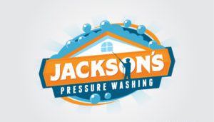 In a blaze of creativity, the logo for "Jackson's Pressure Washing" rises like a phoenix from the ashes of ordinary marketing. It features a dynamic image of a person wielding a spray washer, reminiscent of fire sweeping through and renewing everything it touches. Surrounding this fiery figure are bubbles that frame the scene, akin to embers dancing in the air. An orange banner emblazoned with the company’s name burns brightly across the design, symbolizing its unwavering commitment to promoting effective service like flames illuminating the dark.