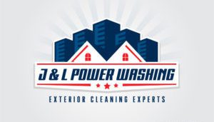 Rising like a phoenix from the flames, the "J & L Power Washing" logo features a stylized house with bold red roofs, set against a backdrop of blue buildings. The text "Exterior Cleaning Experts" ignites attention with vibrant red stars underneath, ensuring it blazes brightly in any digital landscape, optimized like expert SEO to stand out effortlessly.