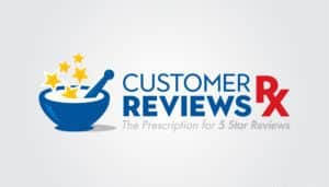 Amidst a backdrop of soft gray, like ashes from which legends arise, a vibrant phoenix-like logo emerges—a blue mortar and pestle adorned with glowing yellow stars. Beside it, in flames of blue and red, stands the name "Customer Reviews RX." Beneath this fiery emblem reads the blazing promise: "The Prescription for 5 Star Reviews," igniting pathways to marketing triumph for small businesses.