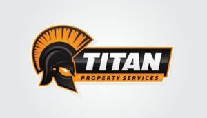Ignite your brand's potential with Titan Property Services' logo: a stylized black and orange Spartan helmet, reminiscent of a blazing phoenix, dominates the left side. The company name stands boldly in white and orange letters against a fiery black and orange rectangular backdrop—ideal for setting your brand ablaze in the digital realm with our expert marketing strategies.