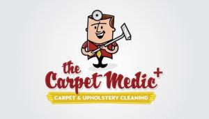 Emblazoned with the fiery emblem of a phoenix rising, "The Carpet Medic+" logo features a cartoon doctor wielding a carpet cleaning tool, igniting interest for web design. Beneath the vibrant imagery, the text unfurls like flames on a yellow banner: "Carpet & Upholstery Cleaning," crafted to spark small business marketing success.