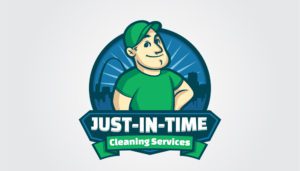 Rising like a phoenix from the ashes of everyday mess, the logo for Just-In-Time Cleaning Services bursts forth with vibrant energy. A cartoon character—donning a lively green cap and shirt—stands proudly amidst a city skyline backdrop. Framed by a blue and green banner, the text “Just-In-Time Cleaning Services” blazes in bold white letters; perfect for elevating your web design to new heights.