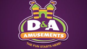 A blaze of creativity, the logo for D&A Amusements ignites with a colorful inflatable castle, crowned by fluttering flags like flames dancing in the breeze. The word "AMUSEMENTS" stands boldly on an orange banner, reminiscent of glowing embers against the rich purple background—a majestic phoenix rising to embody the excitement and spirit of small business marketing. Below it all, like the promise of warmth in its vibrant glow, reads the slogan: "The Fun Starts Here!.