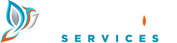 Embodying the rebirth and transformative essence of a phoenix, the logo for Phoenix Consulting features stylized butterfly wings in hues of blue, orange, and gray on the left. The bold white letters of "AMBIDEXTROUS" rise prominently above the smaller blue letters of "SERVICES," much like flames illuminating a new dawn—an ideal representation of their inventive web design prowess.