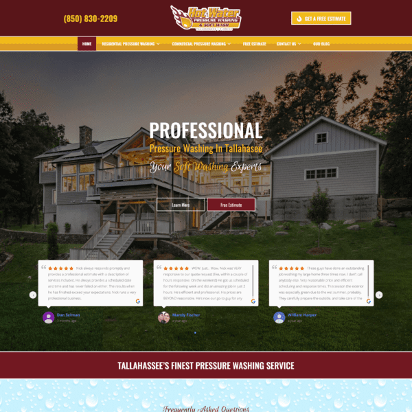 A blazing exhibition of expert web design, this pressure washing service website rises like a phoenix, showcasing a vivid house image amid the flames of glowing customer reviews. With descriptions that burnish the details of each service, it illuminates the advantages of soft washing. The site is forged with sections for FAQs that turn questions into embers resolved and photos that paint past projects and team members in strokes as vibrant as a fire's dance. A contact phone number stands ready, offering visitors immediate salvation from the grime, much like water extinguishing stubborn soot.