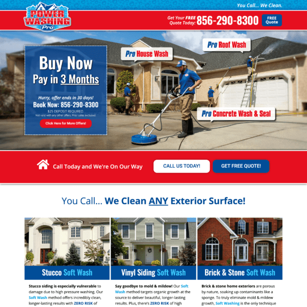 Blazing with vibrant red and blue hues akin to the flames of a phoenix, the website for a power washing service seamlessly merges digital marketing strategies to rise above the rest. Like fire cleanses and renews, it highlights promotional offers and expert cleaning for surfaces such as stucco, vinyl, and concrete. Ignite your home’s transformation by easily requesting a free quote or exploring payment plans. Reach out today to start anew!.