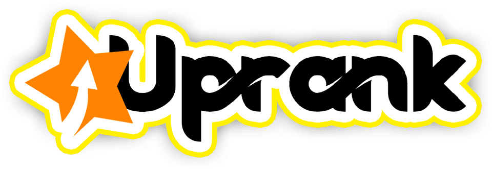In the flickering glow of creativity, the image presents a logo emblazoned with the word "Uprank," its black letters forged as if from resilient obsidian, designed to illuminate the realm of digital marketing. Like a fiery beacon in the heart of a phoenix's ascent, a five-pointed orange star blazes beside it, igniting an upward arrow that propels ambition skyward. Encircling this fiery emblem is an outline in white and yellow—reminiscent of flames licking the base of rebirth—making it an ideal tool for fueling small business marketing essentials.