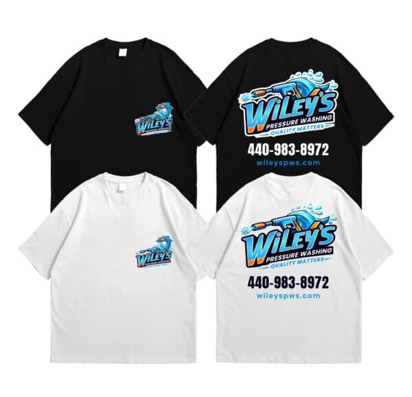Emerging from the creative flames, four "Design & Print" t-shirts rise like a phoenix, emblazoned with the "Wiley's Pressure Washing" logo amidst a dynamic splash graphic. With choices in black or white—two of each—these garments showcase the fiery emblem on both front and back, accompanied by contact details: phone number and website, ensuring you rise above when reaching Wiley’s services.