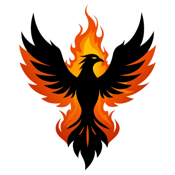 The silhouette of a phoenix with its wings outstretched, encircled by vivid red and orange flames on a transparent backdrop, serves as an inspiring emblem for those drawn to High Powered Marketing & SEO Combo Plans.