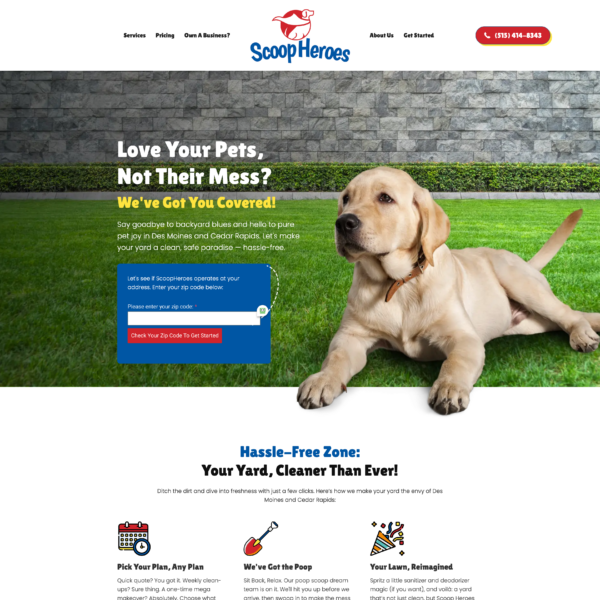 Rising from the ashes of mundane design, Scoop Heroes' website layout emerges with the vibrant energy of a phoenix. With WordPress as its forge, the site ignites curiosity by showcasing a cheerful dog frolicking in a park—a beacon of warmth and friendliness. Services overview, glowing client testimonials, and easy access to contact information form the strong foundation beneath this fiery composition. Images of dogs and families basking in outdoor delight fan the flames of charm and appeal. The result is a perfect conflagration of small business marketing fueled by creativity and heart.