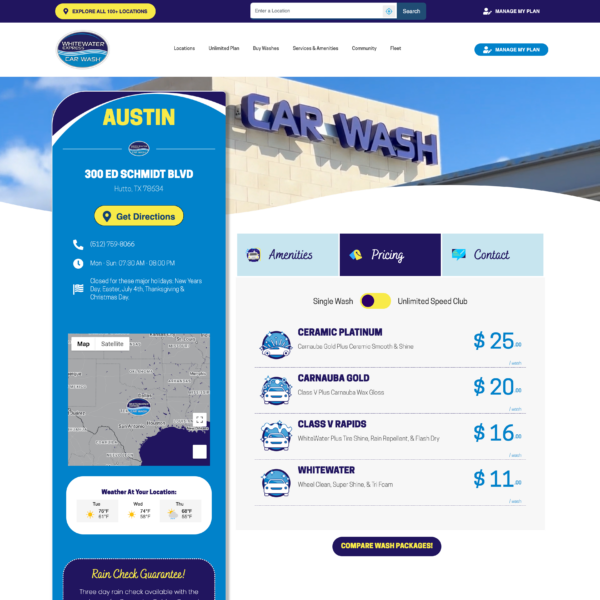 Rising like a phoenix in the world of smart web design, a car wash homepage in Austin, TX brilliantly illuminates directions, amenities, and pricing packages. Engulfed in a blue and white color scheme that burns brightly with purpose, this digital blaze is ideal for small business marketing. Navigation links guide visitors seamlessly through the site, while timely weather updates ensure precise planning like an expert handling fire. Contact details are readily available for those drawn to its vibrant allure.