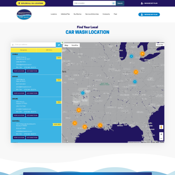 A sleekly designed car wash locator webpage bursts into view like a phoenix, rising with fiery elegance on your screen. The page ignites imagination with a dynamic map adorned with vibrant markers that pinpoint car wash locations across the southern United States. Flanking this radiant display, a sidebar flickers to life, detailing each car wash's unique offerings in crisp clarity. At the bottom simmers a compelling banner that invites users to stoke the flames of their membership ambitions for unlimited washes—a true firebrand of SEO-friendly attributes blazing toward optimized visibility and engagement.