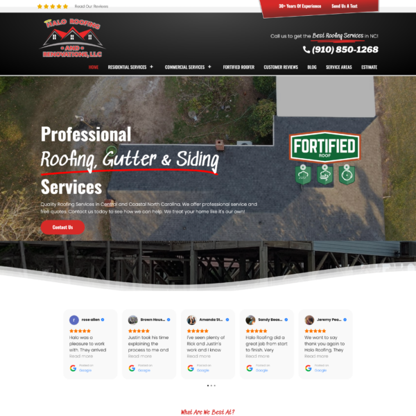 Rising from the foundation like a phoenix from ashes, the homepage of our roofing company ignites interest with professional services for roofing, gutters, and siding. Forged in the flames of advanced WordPress web design, it blazes with a seamlessly crafted navigation menu, vivid service descriptions illuminated by striking images, glowing customer testimonials that fan the flames of confidence, and a powerful call to action that sparks requests for quotes.
