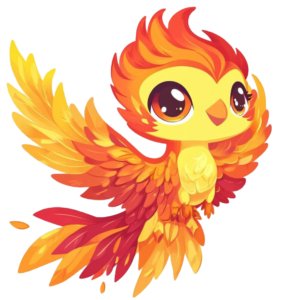 A cartoon phoenix, adorned with vibrant yellow-to-orange feathers and large, cheerful eyes, spreads its wings wide in a fiery gradient. This captivating image serves as the ideal centerpiece for a "Marketing Strategy Call" campaign, designed to capture attention and ignite engagement.