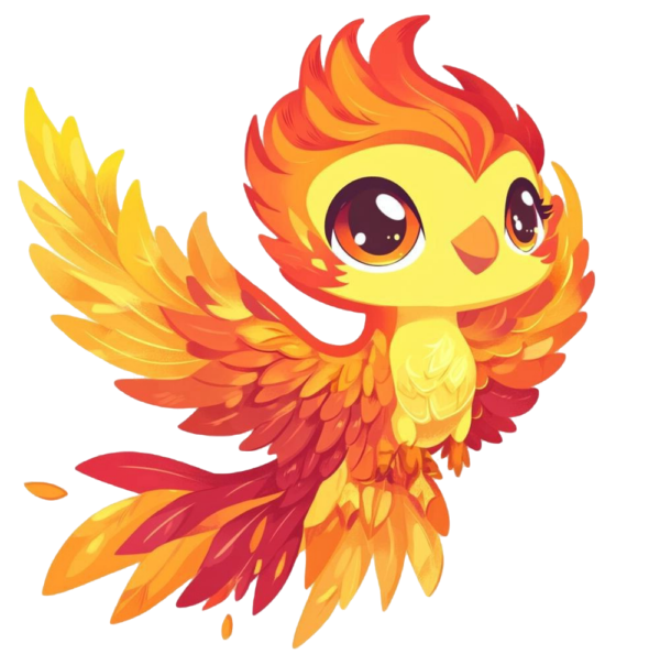 A cartoon phoenix, adorned with vibrant yellow-to-orange feathers and large, cheerful eyes, spreads its wings wide in a fiery gradient. This captivating image serves as the ideal centerpiece for a "Marketing Strategy Call" campaign, designed to capture attention and ignite engagement.
