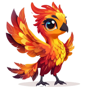 Much like a Marketing Strategy Call that captures attention with flair, the whimsical bird, vibrant in colorful cartoon-style splendor, spreads its wings wide; its resplendent red, orange, and yellow feathers reminiscent of a phoenix’s fiery plume. With large, expressive eyes and a playful demeanor, it embodies the enchantment of flames dancing with mesmerizing charm.