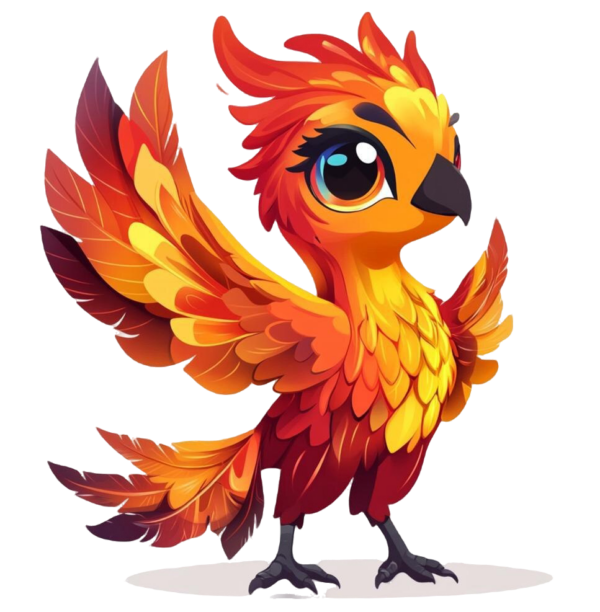 Much like a Marketing Strategy Call that captures attention with flair, the whimsical bird, vibrant in colorful cartoon-style splendor, spreads its wings wide; its resplendent red, orange, and yellow feathers reminiscent of a phoenix’s fiery plume. With large, expressive eyes and a playful demeanor, it embodies the enchantment of flames dancing with mesmerizing charm.