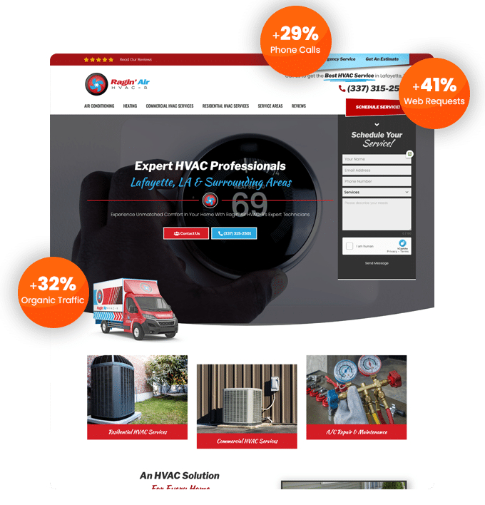 Ragin-growth Rising from the ashes like a phoenix, the Ragin' Air website screenshot blazes with vibrant visuals of HVAC services, featuring a fiery call button amid its sleek web design. Images of HVAC units and the iconic service van illuminate its pages, all while fanning the flames for service scheduling in Lafayette, LA. A 32% surge in organic traffic signals robust SEO tactics and marketing strategies that burn bright with efficiency for this small business.