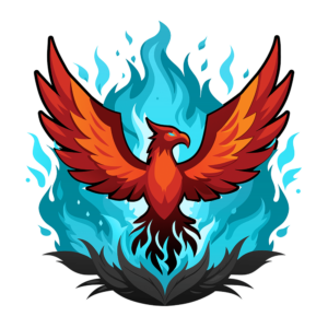 An illustration bursting with vibrancy showcases a phoenix adorned in red and orange feathers, majestically rising from blue flames—a powerful emblem of rebirth and renewal. Ideal for digital marketing campaigns, its outstretched wings eloquently convey messages of growth and transformation while set against a transparent background.
