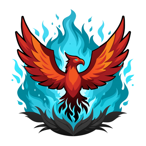 An illustration bursting with vibrancy showcases a phoenix adorned in red and orange feathers, majestically rising from blue flames—a powerful emblem of rebirth and renewal. Ideal for digital marketing campaigns, its outstretched wings eloquently convey messages of growth and transformation while set against a transparent background.
