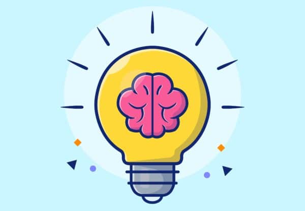 In the realm of innovation and rebirth, akin to a phoenix rising from ashes, imagine an illustration where a light bulb encapsulates a pink brain, symbolizing the fiery essence of creativity and groundbreaking ideas. This luminous bulb emits radiant light, casting its glow upon geometric shapes that dance around it against a serene light blue backdrop—an ideal tableau for presenting transformative marketing tips that spark new beginnings.
