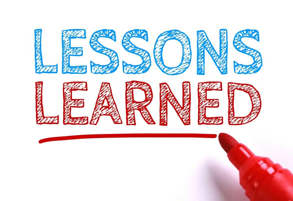 Bold, colorful text reading "Lessons Learned" with a red marker underline, illustrating marketing insights and