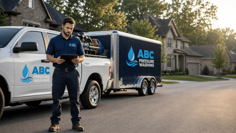 Male technician in a blue ABC Pressure Washing polo stands with a tablet beside a white pickup and blue trailer in a suburban neighborhood.